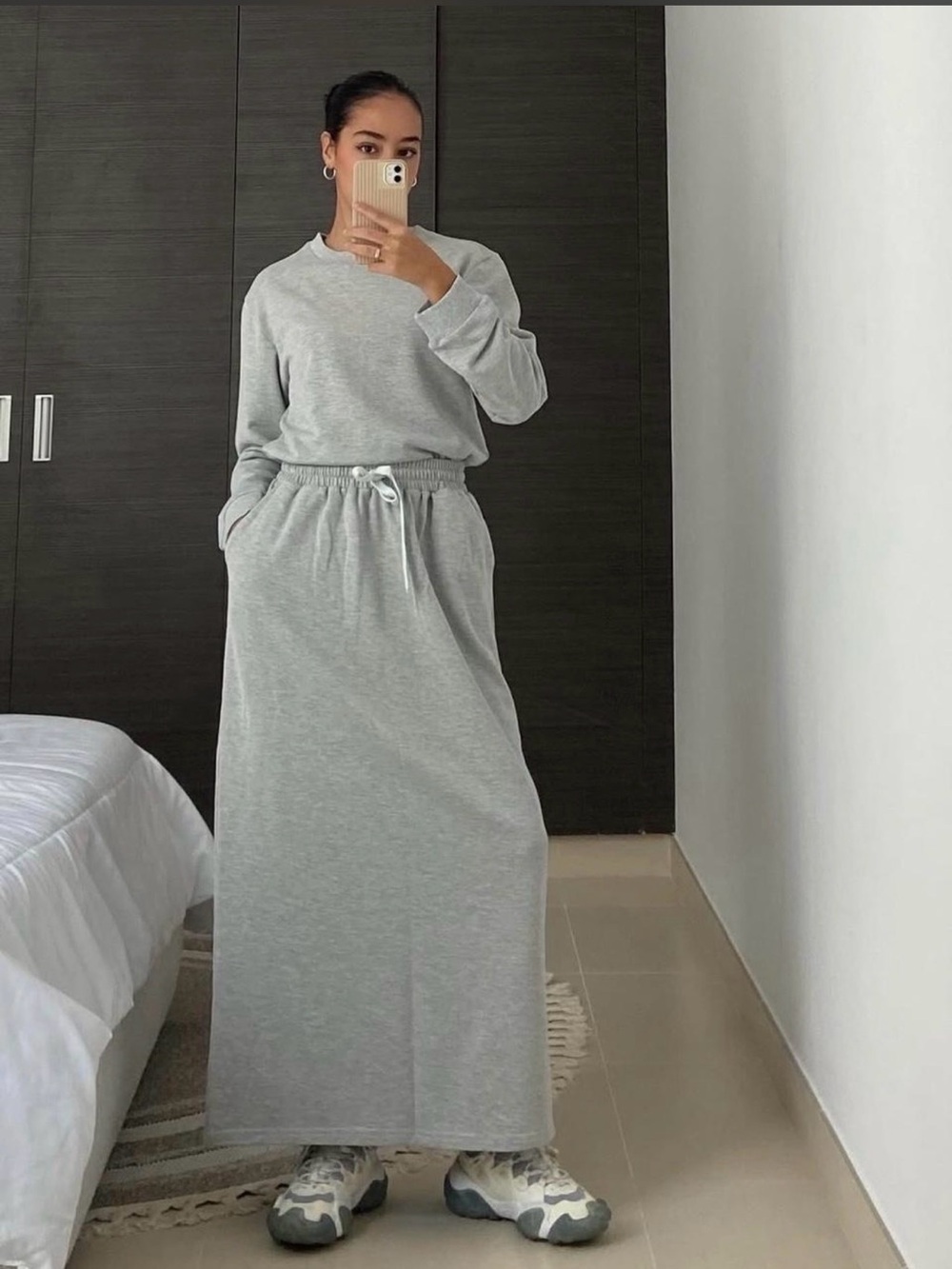 FARES Sweatshirt and Jogger Maxi Skirt Set-Heather Grey Size XS/S